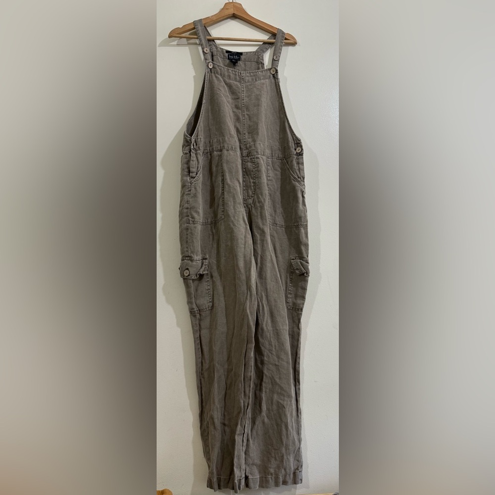 Nicole Miller Taupe Utility Linen-Blend Overalls